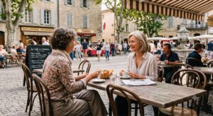 due donne in viaggio di gruppo con viaggipop si rilassano in un caffe in francia.