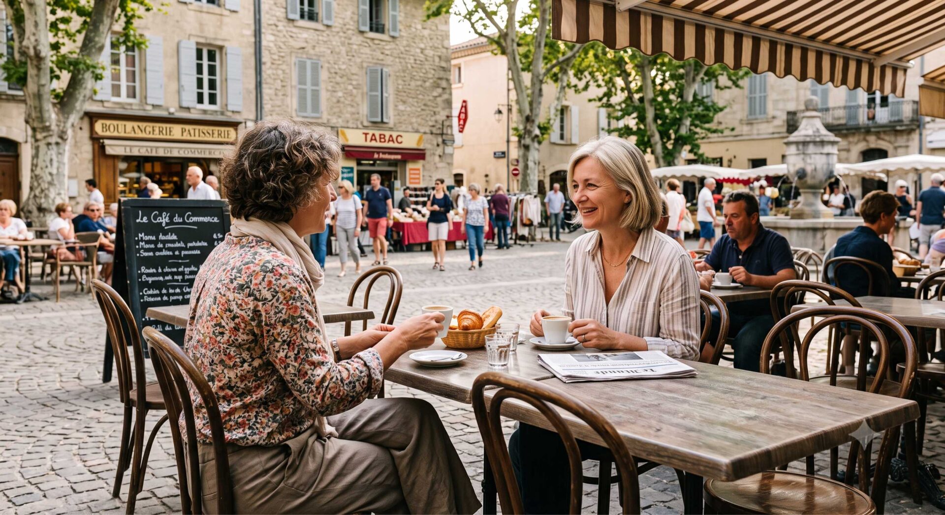 due donne in viaggio di gruppo con viaggipop si rilassano in un caffe in francia.