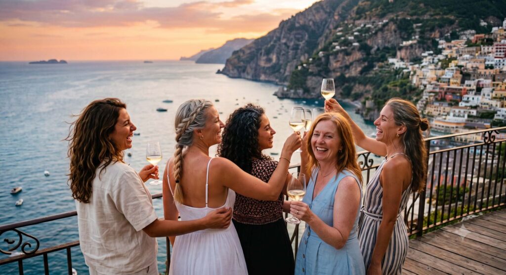 Un gruppo di donne over 40 sorridenti e rilassate durante un viaggio organizzato da Viaggipop".